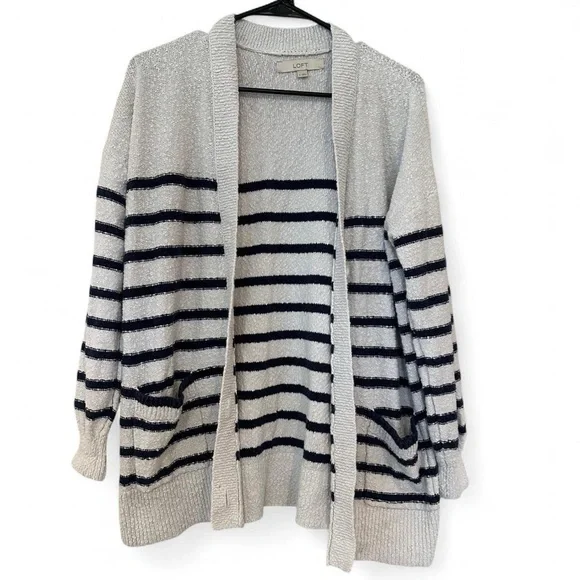 Loft 100% Cotton Striped Cardigan Boucle Accents White and Navy Medium - Picture 1 of 6